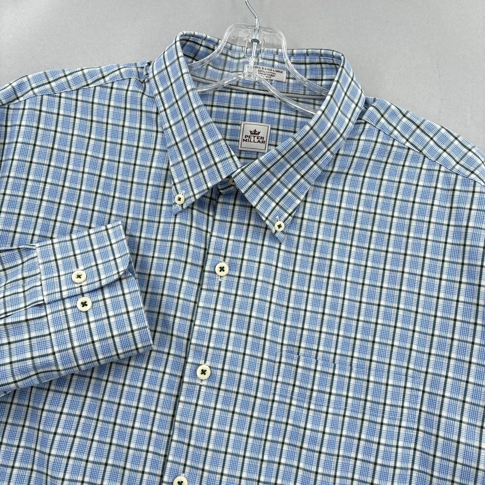 Peter Millar Shirt Mens 2XL Blue Black Plaid Button Down Twill Long‎ Sleeve